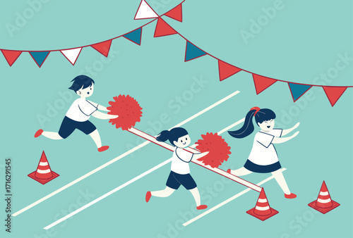 Children compete in a fun sports day race with colorful flags and cones for a festive atmosphere.