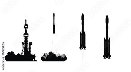 Collection of stylized silhouettes of missile launchers and rocketry components isolated vector