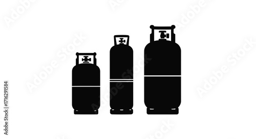 Three black propane gas cylinders of varying sizes isolated on vector