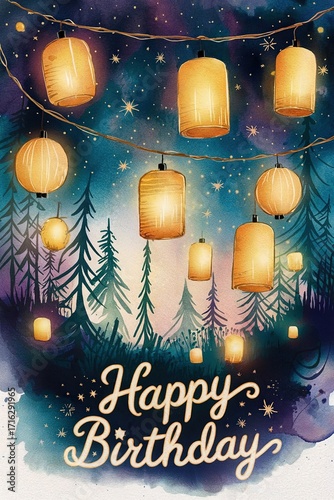 Whimsical Birthday Celebration with Lanterns and Starry Night Sky
