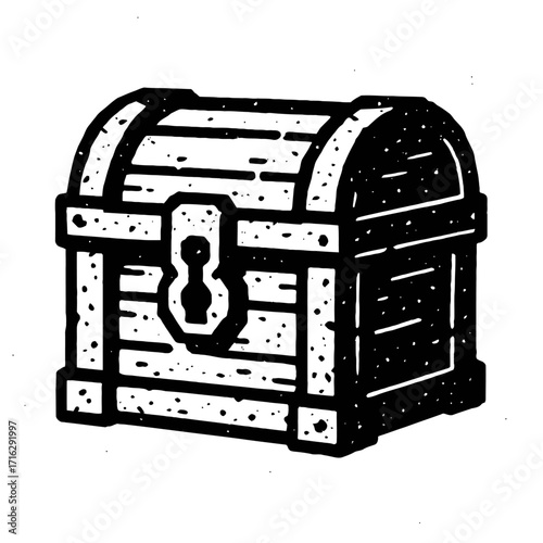 Vintage hand-drawn black and white treasure chest illustration. Rustic wooden box with keyhole, arched lid, symbolizing adventure, mystery, riches, secrets, discovery, wealth. Perfect for pirate, fant