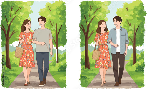 Happy couple walking together in park, romantic outdoor stroll, summer lifestyle, smiling man and woman, nature background, trees, love, relationship, happiness