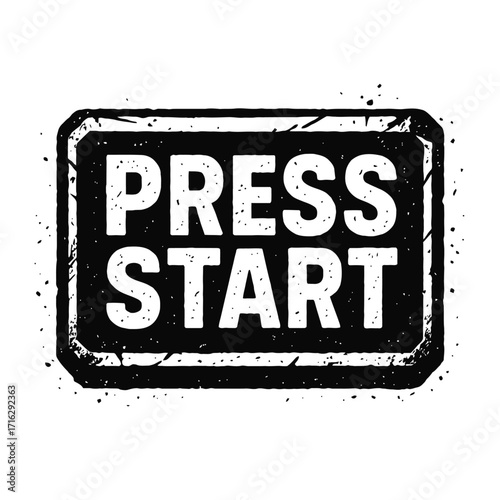 Retro "Press Start" distressed grunge vector button for gaming interface and digital applications, a vintage arcade style icon with rustic textured appearance, perfect for UI/UX design, retro gaming,