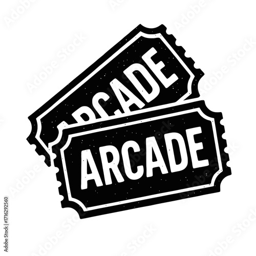 Distressed vintage black & white "ARCADE" tickets with classic serrated edges & grunge texture. Ideal for retro gaming, event invitations, party themes, or design projects, evoking nostalgic amusement