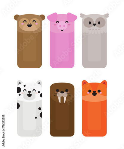 Flat style vector set of six animal bookmarks: monkey, pig, owl, dog, walrus and fox. Fun printable design for children’s books and school projects