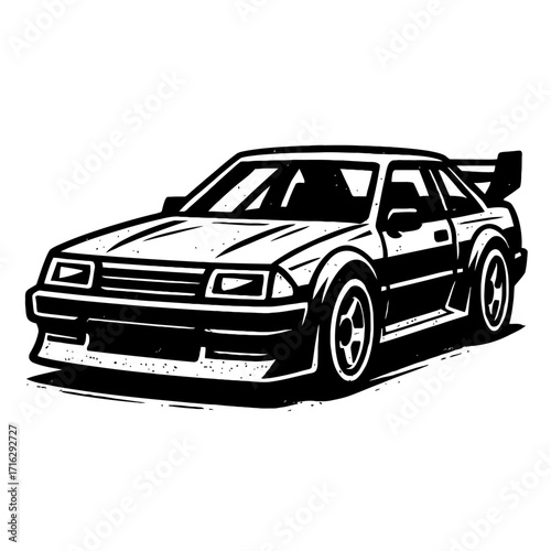 Dynamic Black & White Vector Art Illustration of an Iconic Classic 90s Japanese JDM Tuner Sports Car with Aggressive Wide Body Kit and Large Rear Spoiler, Perfect for Retro Automotive Enthusiasts and