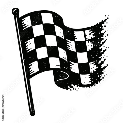 Dynamic grunge checkered finish line flag illustration with pixelated disintegration effect, symbolizing victory, completion, and the thrilling end of high-speed racing competitions, perfect for motor