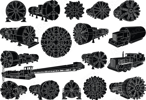 silhouette, tunnel, boring, machine, TBM, cutter, head, drill, construction, equipment, vector, black, icon, design, industrial, engineering, project, mining, infrastructure, machinery