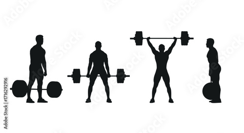 Silhouette of athletes performing olympic weightlifting and powerlifting exercises dynamic poses vector