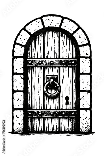 Highly detailed vintage medieval wooden door with an arched stone entrance, featuring rustic metal bands, a prominent ring knocker, and a mysterious keyhole in a classic black and white ink style illu