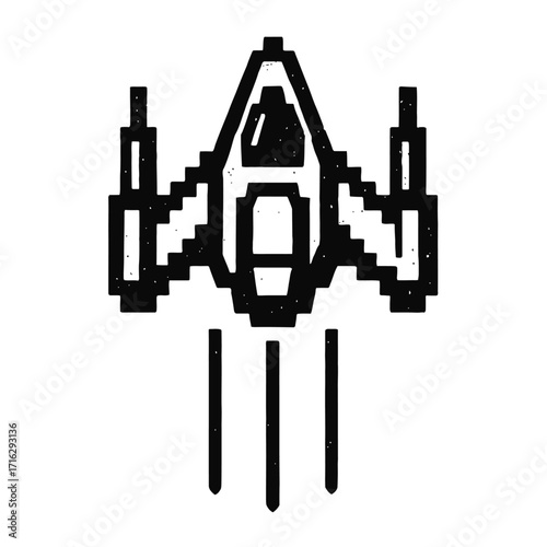 Classic pixel art spaceship icon, black and white 8-bit style starfighter launching with engine thrust. Ideal for retro arcade game designs, nostalgic sci-fi themes, digital assets, vintage gaming vis