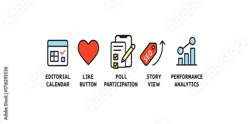 Print   User engagement toolkit icon set – comment bubble, like button, poll participation, story view, and share network icon, clean modern vector, isolated on white background