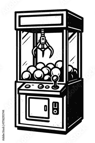 Captivating retro arcade claw machine illustration in a classic black and white line art style, showcasing the iconic crane game mechanism with a joystick, control buttons, and a pile of enticing priz