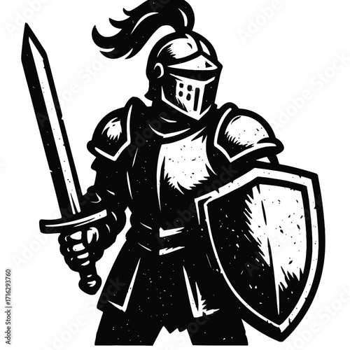 Powerful Medieval Knight in Full Plate Armor Wielding a Mighty Sword and Sturdy Shield, Emblematic of Chivalry, Valor, and Ancient Warfare. A Symbol of Strength and Heroic Legend. Gritty Black & White