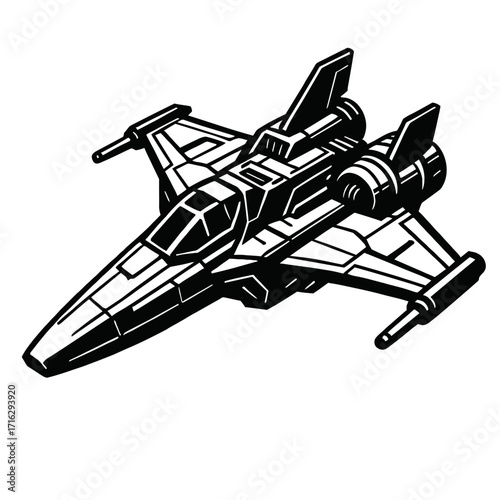 Sleek black & white vector illustration of a futuristic sci-fi starfighter, a high-tech combat spaceship for game assets, digital art, decals, prints, and tattoos, symbolizing interstellar exploration