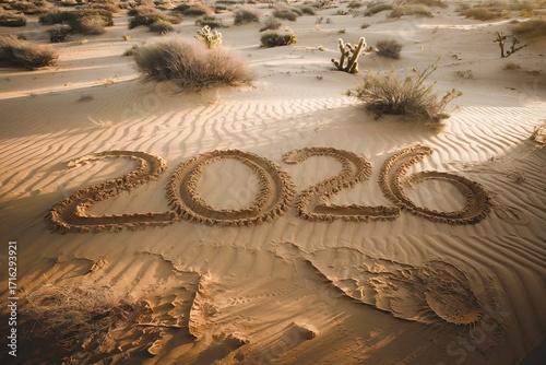 Creative Representation of the Year 2026 Written in Sand on a Desert Landscape