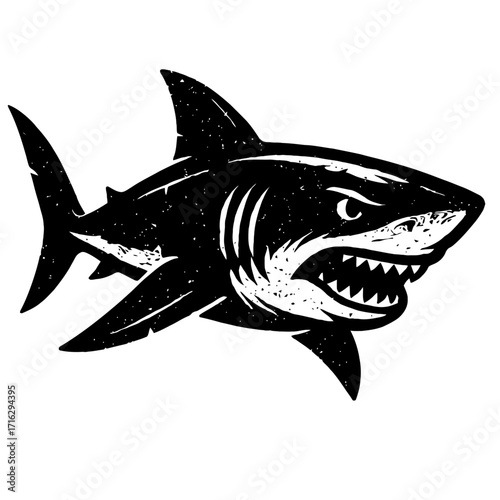 Aggressive Vintage Shark Illustration: A Striking Black and White Marine Predator Design with Ferocious Jaws and Sharp Teeth, Perfect for Ocean-Themed Apparel, Logos, and Graphic Art Projects Demandin