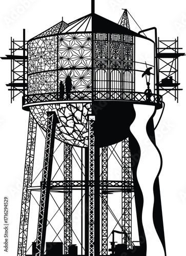 silhouette, water, tower, scaffold, restoration, maintenance, repair, structure, architecture, ornate, design, vector, black, icon, historic, monument, project, industrial, engineering, preservation