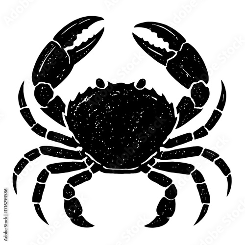 Black silhouette illustration of a crab with raised claws, capturing marine life. Stylized crustacean art for ocean themes, digital designs, and animal artwork. Iconic sea creature graphic showcasing