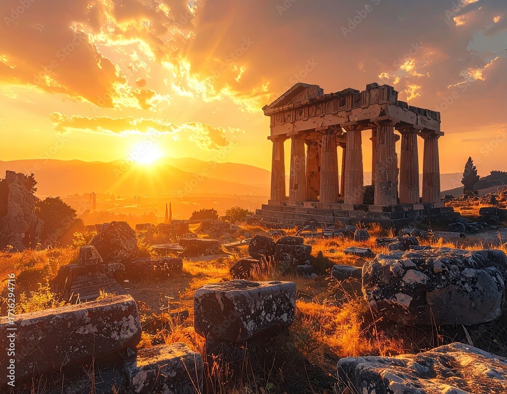 Fototapeta premium Golden Sunset Illuminates Ancient Ruins Overlooking Valley Landscape with Dramatic Sky and Rocky Terrain in Warm Light