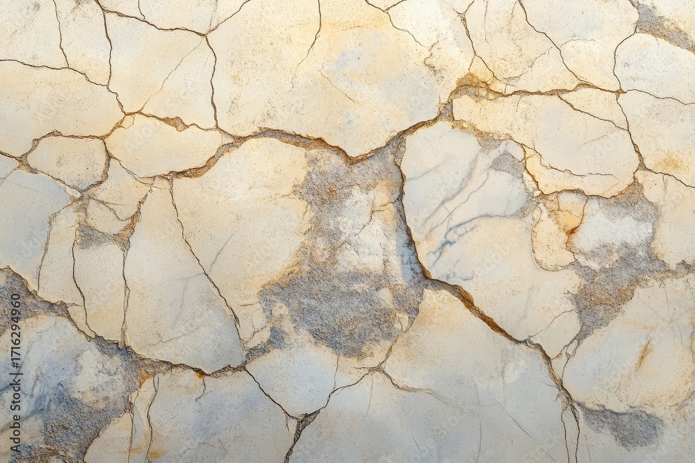 Fototapeta premium A detailed close-up view of a weathered, cracked surface with light beige and gray tones, showcasing the intricate patterns of the fissures and the texture of the aged material.