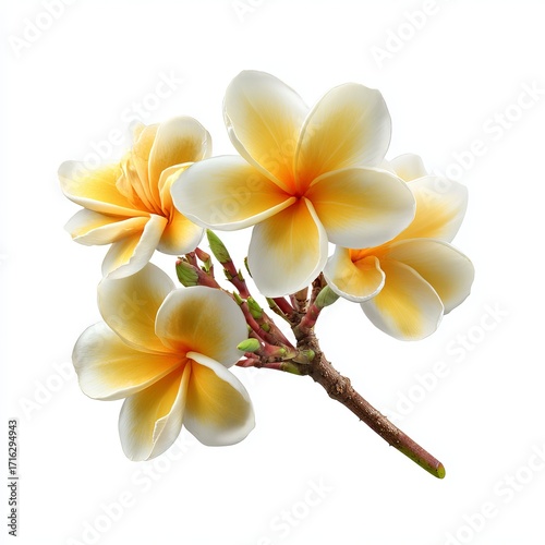 Plumeria Blossom: A captivating close-up captures a cluster of delicate Plumeria flowers, showcasing their vibrant yellow and white petals and intricate beauty.