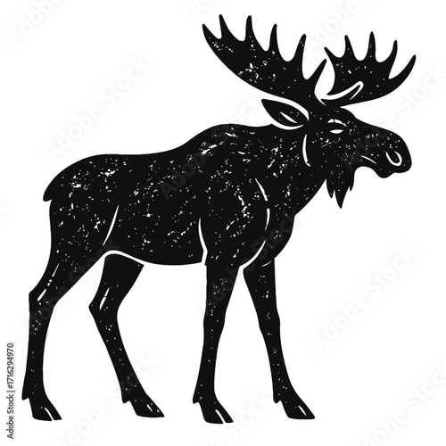 Majestic Moose Silhouette Illustration: Detailed rustic grunge texture, large antlers, iconic northern forest wildlife, North American animal art, vintage wilderness design element, perfect for nature