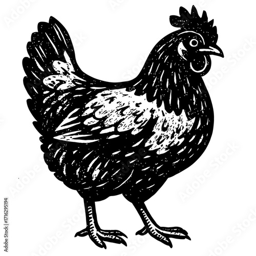 Rustic Woodcut Hen Illustration: A striking black and white farm chicken graphic, perfect for vintage designs, agricultural themes, or farmhouse decor. This hand-drawn poultry art features textured fe