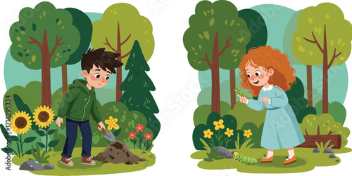 Happy children exploring nature in forest park, boy planting tree with shovel, girl observing caterpillar, kids learning environmental education