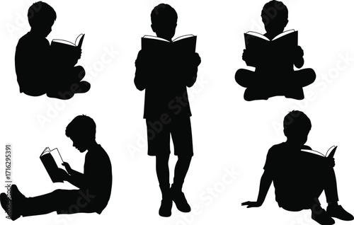 Silhouette of children reading books, kids education, studying, learning activity, knowledge, literacy, school, classroom, study