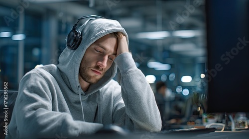 Young man with headphones wearing a hoodie, looking tired at his desk in an office setting. Burnout and stress from working long hours.