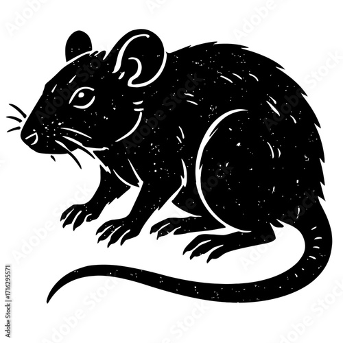 Vintage Woodcut Rat: Black and white stylized rodent silhouette, grainy, distressed texture. Ideal for graphic design, education, creative projects. Offers timeless rustic charm and classic historical