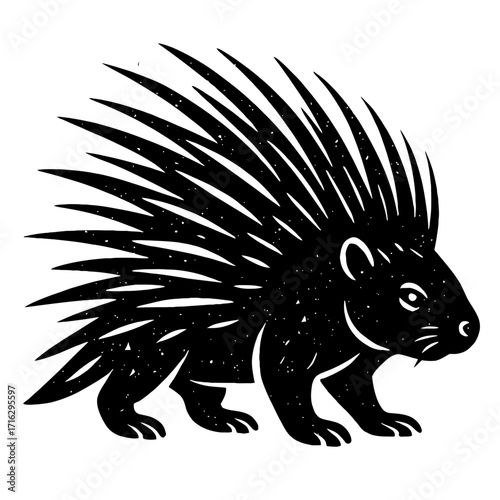 Captivating Black Porcupine Silhouette with Distinctive Spiky Quills, a Stylized Woodcut or Linocut Illustration of a Defensive Rodent. Perfect for Nature, Wildlife, or Woodland Creature Designs, Show