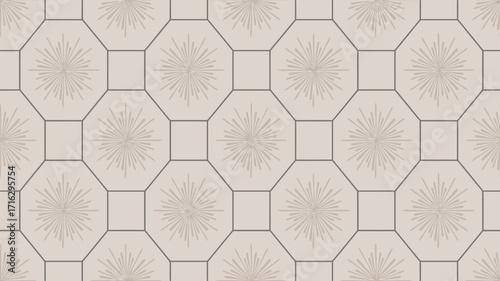 Patterned floor tiles with octagons and squares in a seamless repeat of a neutral color scheme design