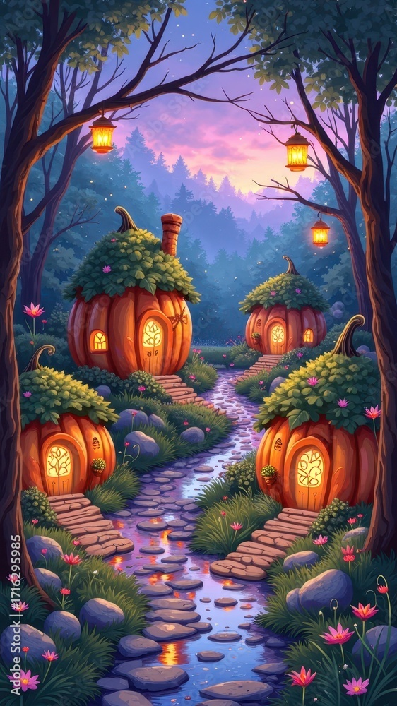 Fototapeta premium Enchanted forest with pumpkin houses and lanterns at twilight
