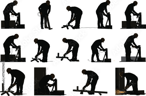 silhouette, welder, welding, metal, work, torch, spark, beam, cut, measure, worker, tool, vector, black, icon, design, industrial, engineering, fabricate, repair