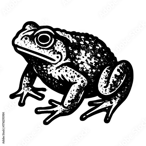 Striking Distressed Black and White Toad Illustration: A Vintage Woodcut Print Effect Amphibian Artwork with Textured Skin, Perfect as a Classic Nature Graphic, Garden Frog Image, or Rustic Wildlife D