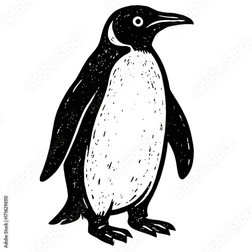 Black and white stylized penguin illustration, hand-drawn linocut graphic of a standing Antarctic bird. Rustic texture, perfect for vintage designs, nature projects, educational content, and unique wi