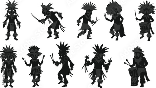 Tribal Ceremonial Figures in Silhouette – Traditional Dance, Masks, Headdresses, and Ritual Instruments Depicted in Dynamic Poses for Cultural and Ethnic Vector Art