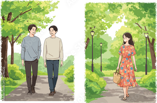 Two young men walking in green park, smiling outdoors, fashionable casual clothing, young woman in floral dress walking, natural background, lifestyle photography