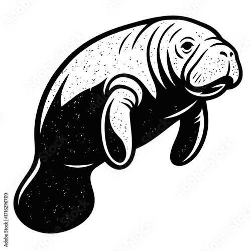 Black and white stippled illustration of a gentle manatee, the beloved sea cow. This graphic art features a vintage, textured aesthetic, perfect for marine conservation and educational materials. Idea