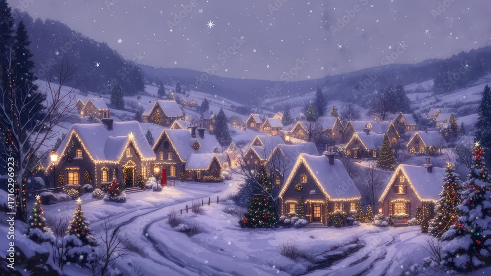 Naklejka premium Snowy village scene with Christmas lights