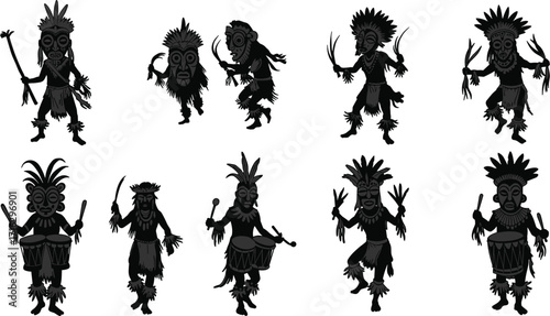 Tribal Dancers and Drummers Silhouette Vector – Traditional Cultural Costumes, Masks, Feathers, and Instruments Depicting Ethnic Dance and Music in Dynamic Poses