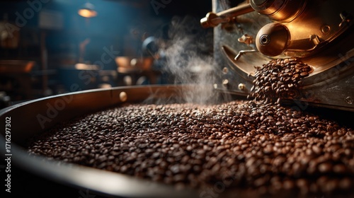 Close-up of freshly roasted coffee beans cooling in a professional roasting machine. Hot steam and smoke rising from the beans, showcasing coffee production process. 