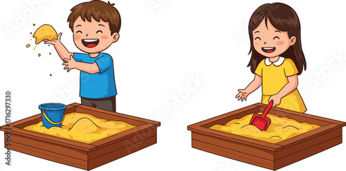 Happy children playing in sandbox, boy and girl enjoying outdoor fun, sand toys activity, childhood playtime illustration, summer recreation concept