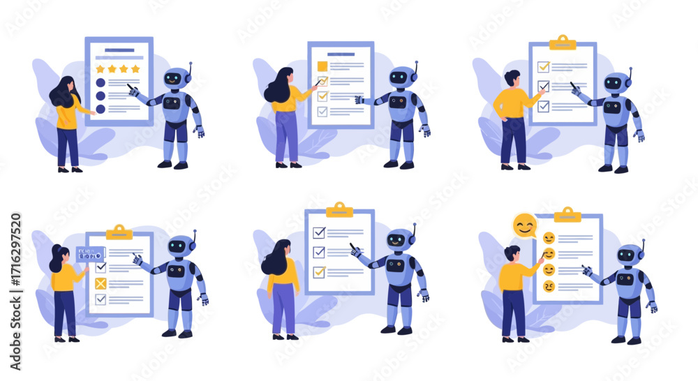 Fototapeta premium Various scenarios showcasing human-robot collaboration in digital task management, feedback collection, and survey completion
