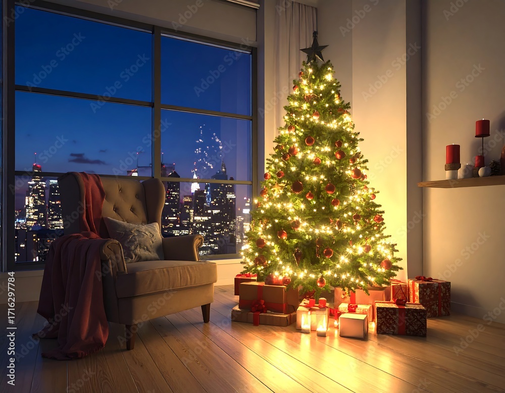 Obraz premium Cozy Christmas tree by a window at night