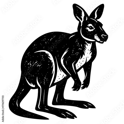 Black and White Kangaroo Illustration: A captivating woodcut-style graphic of Australia's iconic marsupial, depicting its powerful stance and unique silhouette, perfect for diverse artistic and educat
