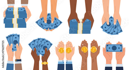Diverse Hands Holding Bundles of Cash and Coins, Illustrating Finance, Wealth, and Transactions