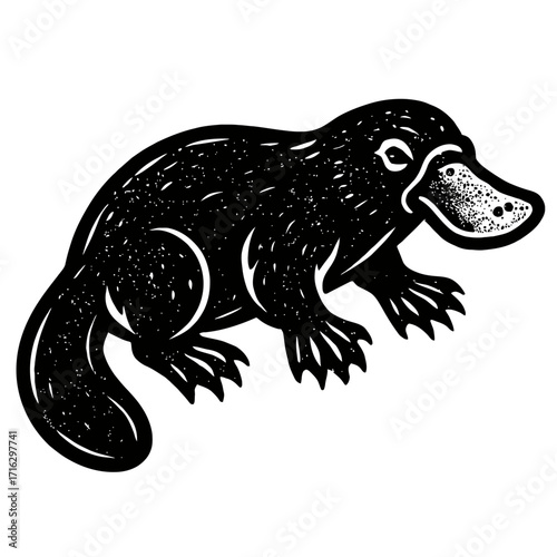 Captivating Black and White Platypus Illustration: A Detailed, Stylized Graphic Featuring the Iconic Duck-Billed Monotreme, Perfect for Rustic, Linocut, or Woodcut Inspired Art & Design Projects.